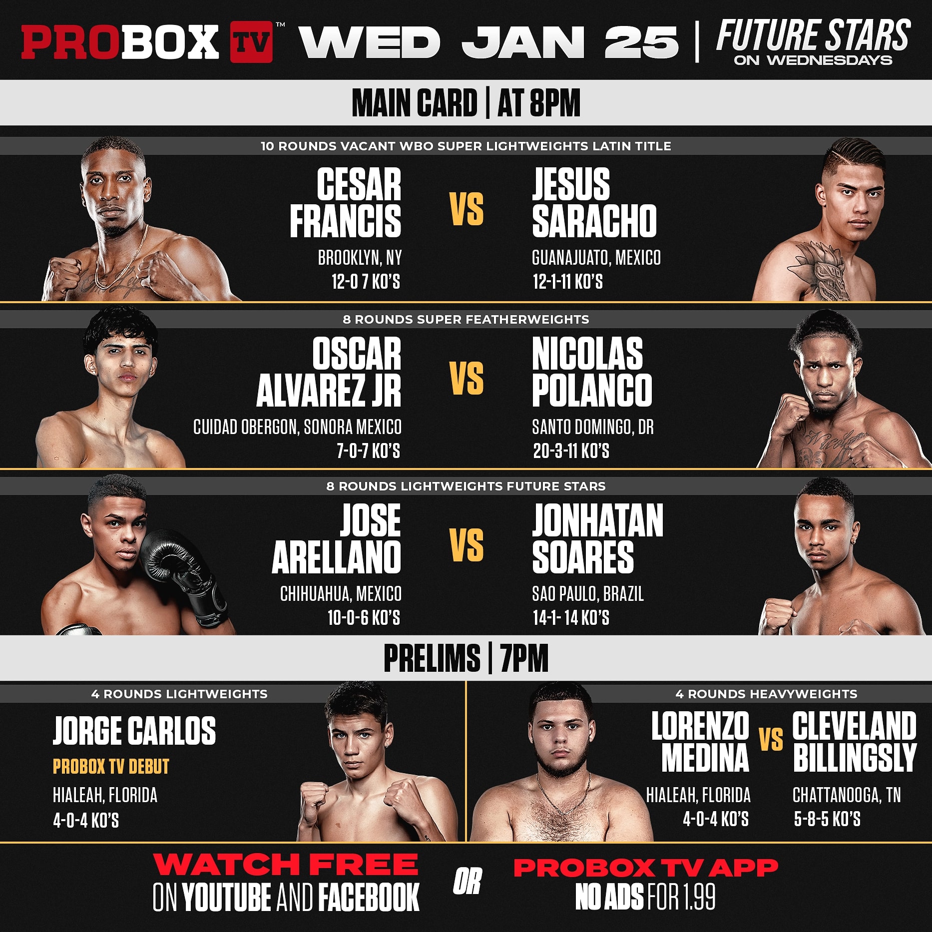 Cesar Francis vs Jesus Saracho January 25th at ProBox Event Center in Plant City, Florida